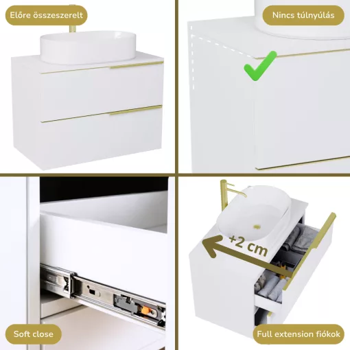 HD Carona Lacquer White 60 komplett fürdőszoba bútor fali mosdószekrénnyel, szálcsiszolt arany fogantyúkkal, fényes fehér mosdópulttal és tükörrel