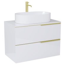 HD Carona Lacquer White 60 komplett fürdőszoba bútor szett fali mosdószekrénnyel, szálcsiszolt arany fogantyúkkal, fényes fehér mosdópulttal, tükörrel és magasszekrénnyel