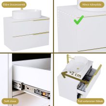 HD Carona Lacquer White 60 komplett fürdőszoba bútor szett fali mosdószekrénnyel, szálcsiszolt arany fogantyúkkal, fényes fehér mosdópulttal, tükörrel és magasszekrénnyel