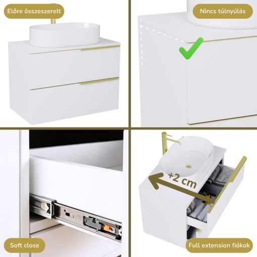 HD Carona Lacquer White 60 komplett fürdőszoba bútor szett fali mosdószekrénnyel, szálcsiszolt arany fogantyúkkal, fényes fehér mosdópulttal, tükörrel és magasszekrénnyel