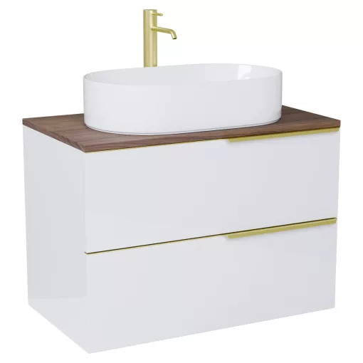 HD Carona Lacquer White 60 fali mosdószekrény tölgyfa színű mosdópulttal és szálcsiszolt arany fogantyúkkal