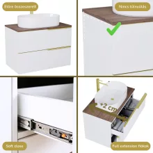 HD Carona Lacquer White 60 fali mosdószekrény tölgyfa színű mosdópulttal és szálcsiszolt arany fogantyúkkal