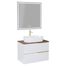 HD Carona Lacquer White 60 komplett fürdőszoba bútor fali mosdószekrénnyel, szálcsiszolt arany fogantyúkkal, tölgyfa színű mosdópulttal és tükörrel