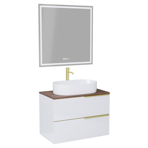 HD Carona Lacquer White 60 komplett fürdőszoba bútor fali mosdószekrénnyel, szálcsiszolt arany fogantyúkkal, tölgyfa színű mosdópulttal és tükörrel