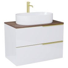 HD Carona Lacquer White 60 komplett fürdőszoba bútor fali mosdószekrénnyel, szálcsiszolt arany fogantyúkkal, tölgyfa színű mosdópulttal és tükörrel