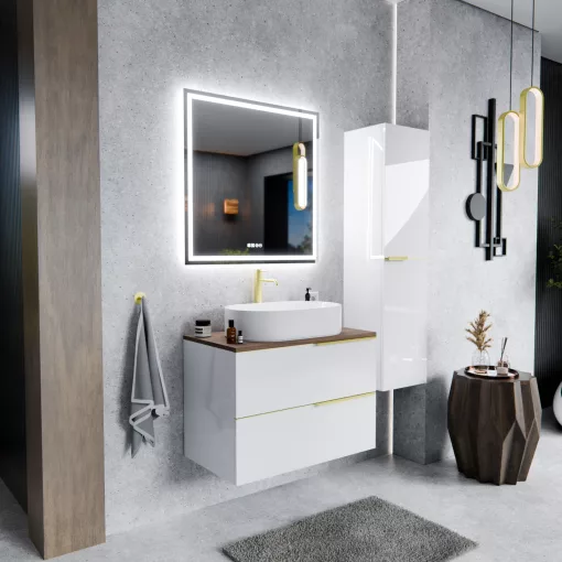 HD Carona Lacquer White 60 komplett fürdőszoba bútor fali mosdószekrénnyel, szálcsiszolt arany fogantyúkkal, tölgyfa színű mosdópulttal és tükörrel