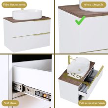 HD Carona Lacquer White 60 komplett fürdőszoba bútor fali mosdószekrénnyel, szálcsiszolt arany fogantyúkkal, tölgyfa színű mosdópulttal és tükörrel