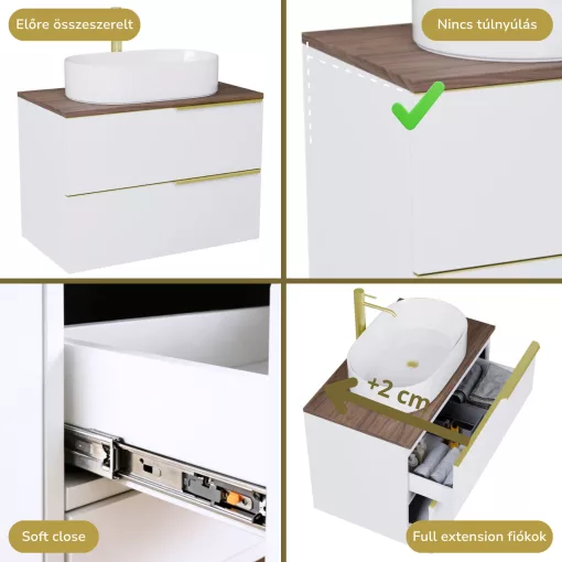 HD Carona Lacquer White 60 komplett fürdőszoba bútor fali mosdószekrénnyel, szálcsiszolt arany fogantyúkkal, tölgyfa színű mosdópulttal és tükörrel