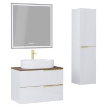 HD Carona Lacquer White 60 komplett fürdőszoba bútor szett fali mosdószekrénnyel, szálcsiszolt arany fogantyúkkal, tölgyfa színű mosdópulttal, tükörrel és magasszekrénnyel