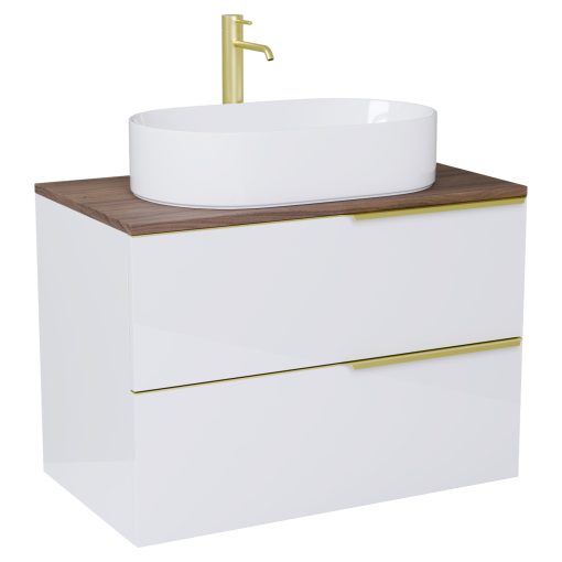 HD Carona Lacquer White 60 komplett fürdőszoba bútor szett fali mosdószekrénnyel, szálcsiszolt arany fogantyúkkal, tölgyfa színű mosdópulttal, tükörrel és magasszekrénnyel