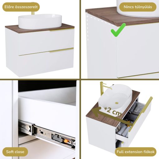 HD Carona Lacquer White 60 komplett fürdőszoba bútor szett fali mosdószekrénnyel, szálcsiszolt arany fogantyúkkal, tölgyfa színű mosdópulttal, tükörrel és magasszekrénnyel