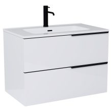 HD Cremona Lacquer White 60 fali mosdószekrény matt fekete fogantyúkkal és fényes fehér slim mosdóval