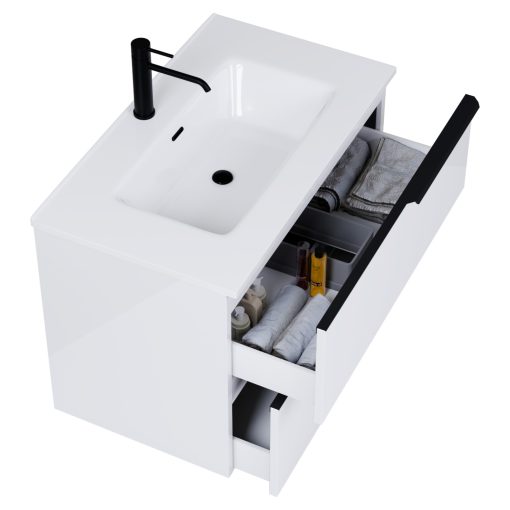 HD Cremona Lacquer White 60 fali mosdószekrény matt fekete fogantyúkkal és fényes fehér slim mosdóval