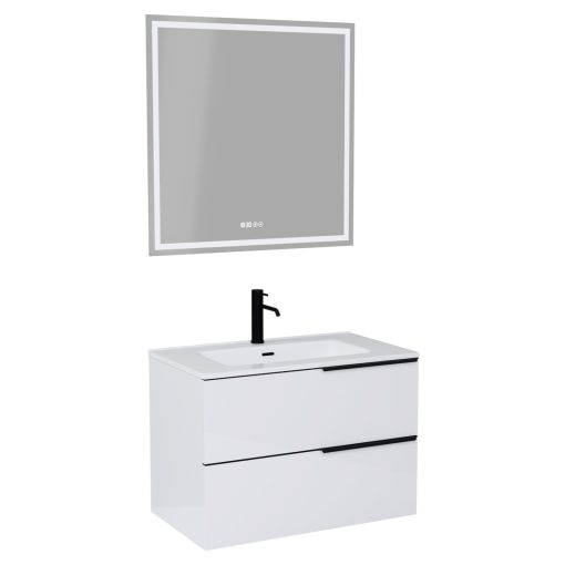 HD Cremona Lacquer White 60 komplett fürdőszoba bútor fali mosdószekrénnyel, matt fekete fogantyúkkal, fényes fehér slim mosdóval és tükörrel