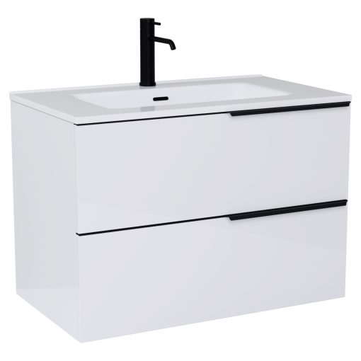 HD Cremona Lacquer White 60 komplett fürdőszoba bútor fali mosdószekrénnyel, matt fekete fogantyúkkal, fényes fehér slim mosdóval és tükörrel