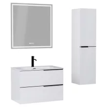 HD Cremona Lacquer White 60 komplett fürdőszoba bútor szett fali mosdószekrénnyel, matt fekete fogantyúkkal, fényes fehér slim mosdóval, tükörrel és magasszekrénnyel
