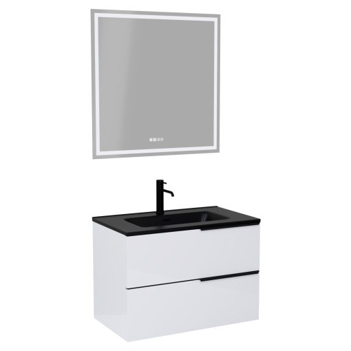 HD Cremona Lacquer White 60 komplett fürdőszoba bútor fali mosdószekrénnyel, matt fekete fogantyúkkal, matt fekete slim mosdóval és tükörrel