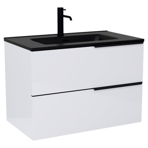 HD Cremona Lacquer White 60 komplett fürdőszoba bútor fali mosdószekrénnyel, matt fekete fogantyúkkal, matt fekete slim mosdóval és tükörrel