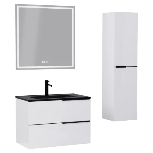 HD Cremona Lacquer White 60 komplett fürdőszoba bútor szett fali mosdószekrénnyel, matt fekete fogantyúkkal, matt fekete slim mosdóval, tükörrel és magasszekrénnyel