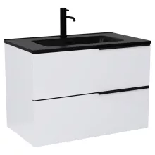 HD Cremona Lacquer White 60 komplett fürdőszoba bútor szett fali mosdószekrénnyel, matt fekete fogantyúkkal, matt fekete slim mosdóval, tükörrel és magasszekrénnyel