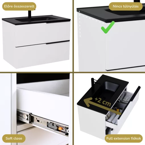 HD Cremona Lacquer White 60 komplett fürdőszoba bútor szett fali mosdószekrénnyel, matt fekete fogantyúkkal, matt fekete slim mosdóval, tükörrel és magasszekrénnyel