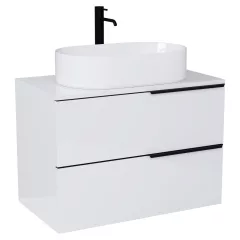   HD Carona Lacquer White 60/80 fali mosdószekrény fényes fehér mosdópulttal és matt fekete fogantyúkkal