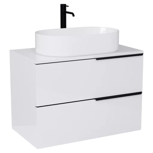 HD Carona Lacquer White 60/80 fali mosdószekrény fényes fehér mosdópulttal és matt fekete fogantyúkkal