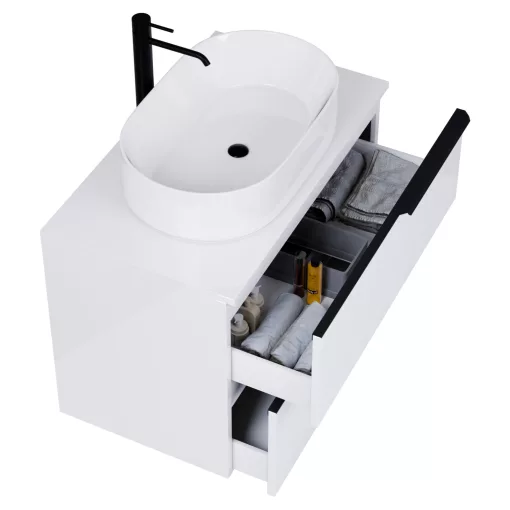 HD Carona Lacquer White 60/80 fali mosdószekrény fényes fehér mosdópulttal és matt fekete fogantyúkkal