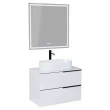 HD Carona Lacquer White 60/80 komplett fürdőszoba bútor fali mosdószekrénnyel, matt fekete fogantyúkkal, fényes fehér mosdópulttal és tükörrel