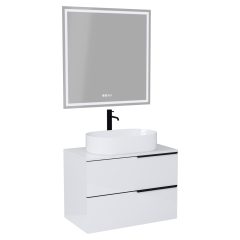   HD Carona Lacquer White 60/80 komplett fürdőszoba bútor fali mosdószekrénnyel, matt fekete fogantyúkkal, fényes fehér mosdópulttal és tükörrel