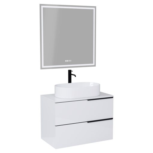 HD Carona Lacquer White 60/80 komplett fürdőszoba bútor fali mosdószekrénnyel, matt fekete fogantyúkkal, fényes fehér mosdópulttal és tükörrel