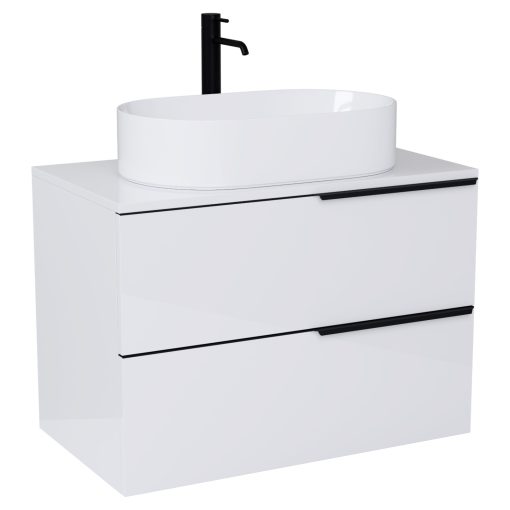 HD Carona Lacquer White 60/80 komplett fürdőszoba bútor fali mosdószekrénnyel, matt fekete fogantyúkkal, fényes fehér mosdópulttal és tükörrel