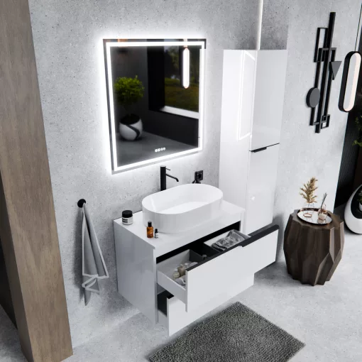HD Carona Lacquer White 60/80 komplett fürdőszoba bútor fali mosdószekrénnyel, matt fekete fogantyúkkal, fényes fehér mosdópulttal és tükörrel