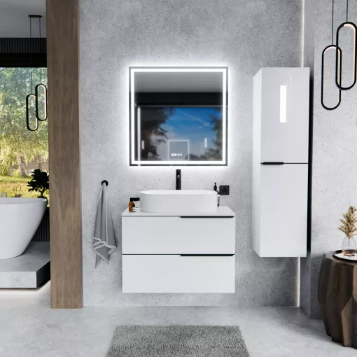 HD Carona Lacquer White 60/80 komplett fürdőszoba bútor fali mosdószekrénnyel, matt fekete fogantyúkkal, fényes fehér mosdópulttal és tükörrel