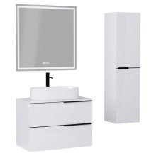 HD Carona Lacquer White 60/80 komplett fürdőszoba bútor szett fali mosdószekrénnyel, matt fekete fogantyúkkal, fényes fehér mosdópulttal, tükörrel és magasszekrénnyel