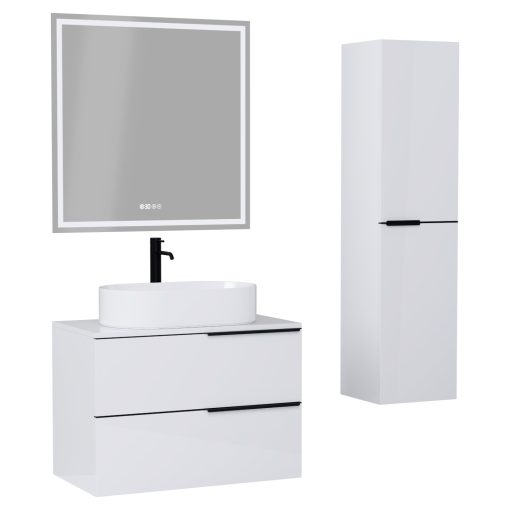 HD Carona Lacquer White 60/80 komplett fürdőszoba bútor szett fali mosdószekrénnyel, matt fekete fogantyúkkal, fényes fehér mosdópulttal, tükörrel és magasszekrénnyel