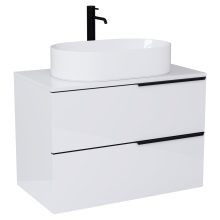 HD Carona Lacquer White 60/80 komplett fürdőszoba bútor szett fali mosdószekrénnyel, matt fekete fogantyúkkal, fényes fehér mosdópulttal, tükörrel és magasszekrénnyel