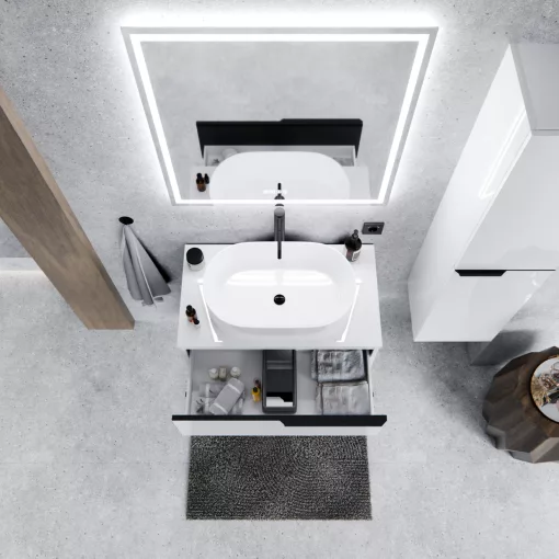 HD Carona Lacquer White 60/80 komplett fürdőszoba bútor szett fali mosdószekrénnyel, matt fekete fogantyúkkal, fényes fehér mosdópulttal, tükörrel és magasszekrénnyel