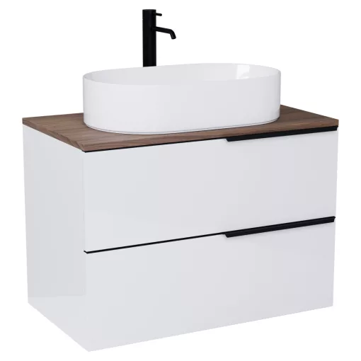 HD Carona Lacquer White 60 fali mosdószekrény tölgyfa színű mosdópulttal és matt fekete fogantyúkkal