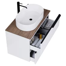 HD Carona Lacquer White 60 fali mosdószekrény tölgyfa színű mosdópulttal és matt fekete fogantyúkkal