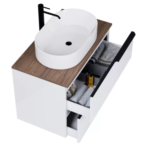 HD Carona Lacquer White 60 fali mosdószekrény tölgyfa színű mosdópulttal és matt fekete fogantyúkkal