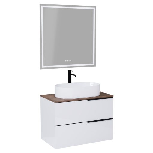 HD Carona Lacquer White 60 komplett fürdőszoba bútor fali mosdószekrénnyel, matt fekete fogantyúkkal, tölgyfa színű mosdópulttal és tükörrel