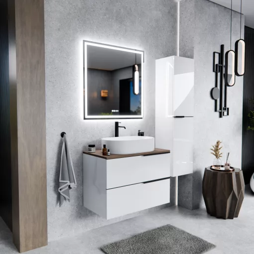 HD Carona Lacquer White 60 komplett fürdőszoba bútor fali mosdószekrénnyel, matt fekete fogantyúkkal, tölgyfa színű mosdópulttal és tükörrel