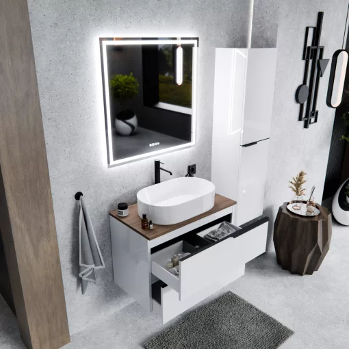 HD Carona Lacquer White 60 komplett fürdőszoba bútor fali mosdószekrénnyel, matt fekete fogantyúkkal, tölgyfa színű mosdópulttal és tükörrel