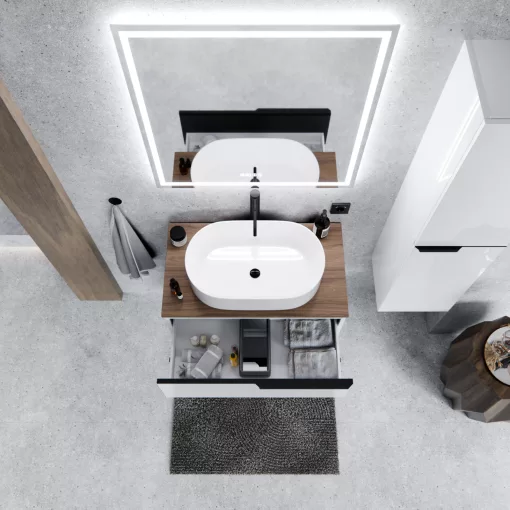 HD Carona Lacquer White 60 komplett fürdőszoba bútor fali mosdószekrénnyel, matt fekete fogantyúkkal, tölgyfa színű mosdópulttal és tükörrel
