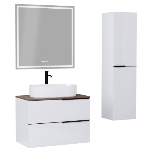 HD Carona Lacquer White 60 komplett fürdőszoba bútor szett fali mosdószekrénnyel, matt fekete fogantyúkkal, tölgyfa színű mosdópulttal, tükörrel és magasszekrénnyel