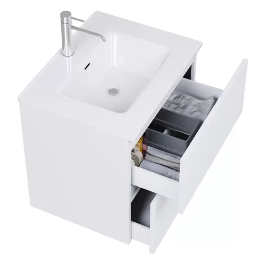 HD Aria Pro Silk Matt White 60 komplett fürdőszoba bútor fali push-to-open mosdószekrénnyel, fényes fehér slim mosdóval és tükörrel