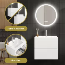 HD Aria Pro Silk Matt White 60 komplett fürdőszoba bútor fali push-to-open mosdószekrénnyel, fényes fehér slim mosdóval és tükörrel