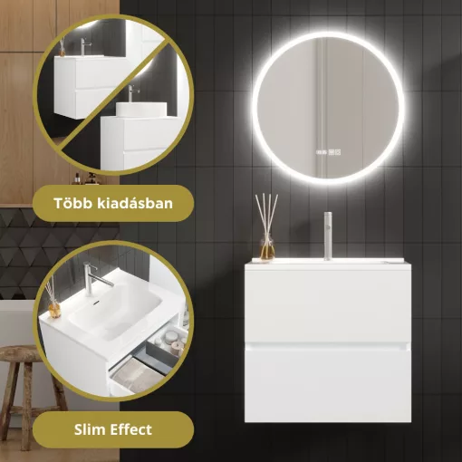 HD Aria Pro Silk Matt White 60 komplett fürdőszoba bútor fali push-to-open mosdószekrénnyel, fényes fehér slim mosdóval és tükörrel