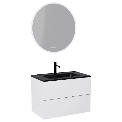 HD Aria Pro Silk Matt White 60 komplett fürdőszoba bútor fali push-to-open mosdószekrénnyel, matt fekete slim mosdóval és tükörrel